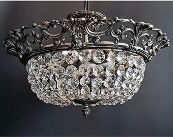 Collectible ceiling chandelier WORKING Vintage lamp with glass stones Art Nouveau lighting Home deco Housewarming gift Glass drops