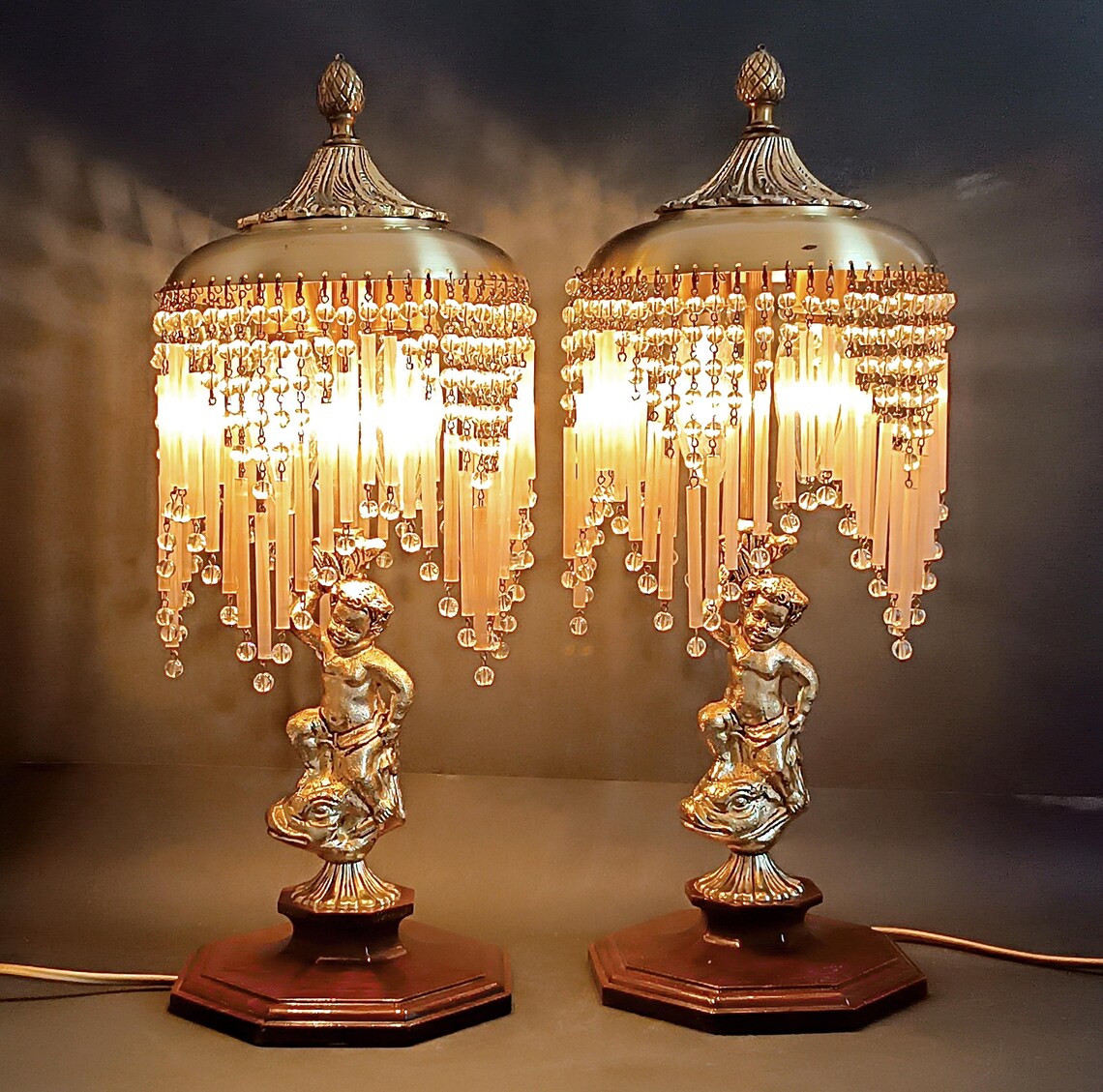 Pair of Antique Bedside Lamps on Wooden Base Collectible Table Lamp — free download
