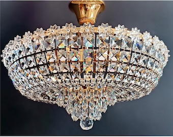 Collectible ceiling chandelier with flower crystals WORKING Vintage lamp Art Nouveau lighting Home decor Housewarming gift Glass drops