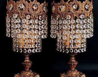 Set of 2 bedside lamps Collectible table lamp with crystal drops lion paws tripod Night light waterfall lamp Art Nouveau Housewarming gift