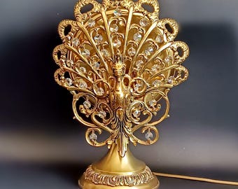 Antique table lamp peacock shape Collectible bird bedside lamp with crystal drops Wall light Night light antique sconce Housewarming gift