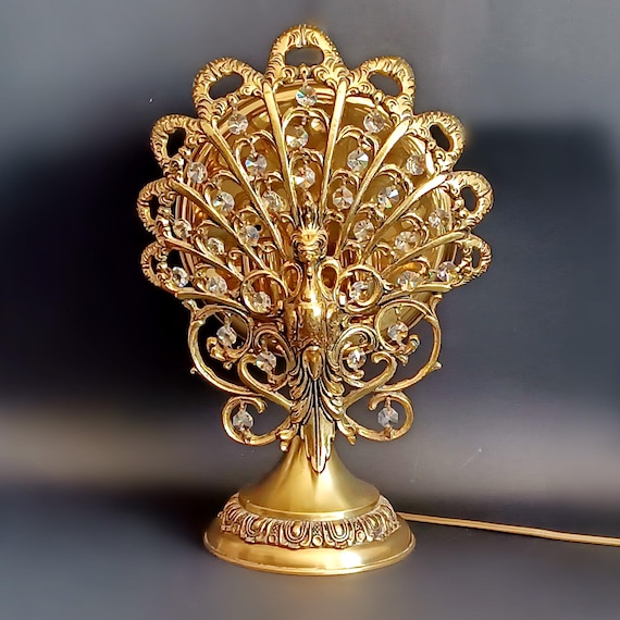 Antique table lamp peacock shape Collectible bird bedside lamp with crystal drops Wall light Night light antique sconce Housewarming gift