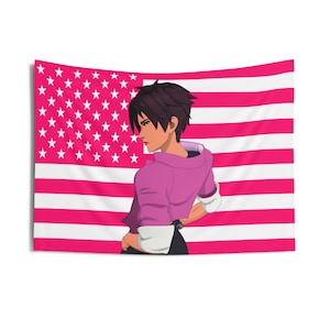 May include: A pink and white tapestry featuring a stylized illustration of a person in a pink hoodie, set against a backdrop of a pink American flag. The person is depicted in a side profile, with short dark hair and a confident pose.