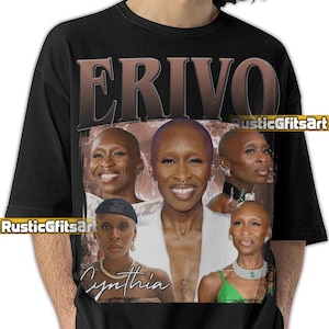 May include: Black t-shirt featuring a vintage-style graphic of Cynthia Erivo. The design includes the name "ERIVO" in large, brown letters and multiple images of the actress. The word "Cynthia" is written in a cursive font below the images.