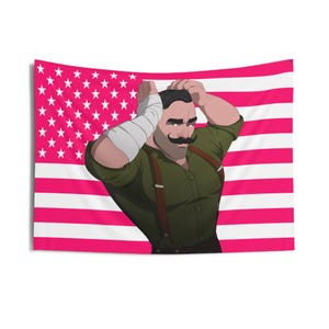 May include: A tapestry featuring a cartoon illustration of a man with a large mustache, wearing a green shirt and suspenders, with a white bandage on his arm. The background is a pink and white American flag.