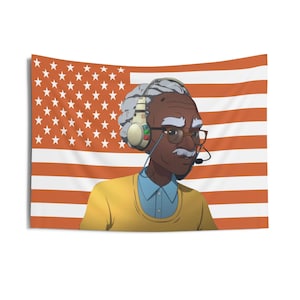 May include: A tapestry featuring an illustration of an elderly person wearing a headset and glasses, set against a backdrop of the American flag. The person is wearing a yellow sweater over a blue shirt. The flag has red and white stripes and white stars.