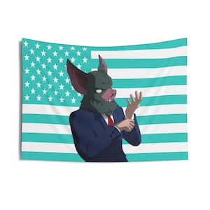 May include: A tapestry featuring a cartoon illustration of a bat-faced figure in a suit, red tie, and an American flag background with teal stripes. The bat-faced figure is adjusting their sleeve.