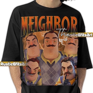 May include: Black t-shirt with a graphic from the video game "Hello Neighbor." The design features the word "NEIGHBOR" in orange and multiple images of the character with a mustache. The text "ThesticGfitsArt" is also visible on the shirt.