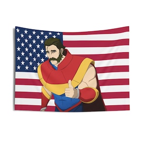May include: A tapestry featuring an illustration of a superhero giving a thumbs-up, set against a backdrop of the American flag. The superhero wears a red and yellow costume with a blue undershirt. The flag's stars and stripes are clearly visible.