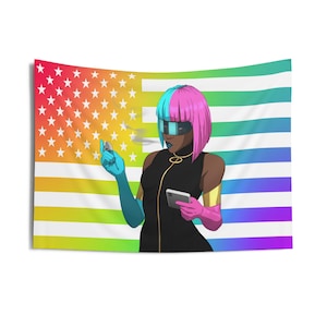 May include: A tapestry featuring a stylized illustration of a person with pink and blue hair, wearing a black outfit, and holding a phone. The background is a rainbow-colored American flag.