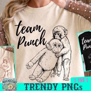 May include: Cream-colored t-shirt featuring a black and white illustration of two monkeys hugging. The text "team Punch" is above the monkeys. The image also includes a small graphic of the design and the words "TRENDY PNGs".