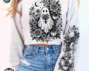 Floral Ghost PNG With Matching Sleeve Design Halloween Png Floral Fall Ghost Shirt Design Boho Floral Halloween Halloween Sublimation Design