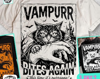 Vampire Cat PNG, Retro Halloween Shirt Design, Funny Spooky Cat Sublimation, Vampurr Bites Again Instant Download