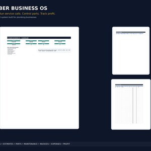 May include: A digital spreadsheet system titled PLUMBER BUSINESS OS, featuring a dashboard with financial metrics, service call tracking, and inventory management tools. The interface includes tabs for service calls, estimates, parts, maintenance, invoices, expenses, and profit.
