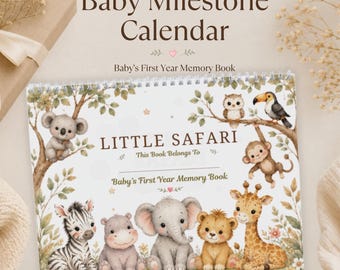 Calendario de hitos del bebé Little Safari, libro de recuerdos del bebé, calendario de recuerdos del primer año, regalo para la habitación del bebé con temática de safari, registro mensual para recién nacidos