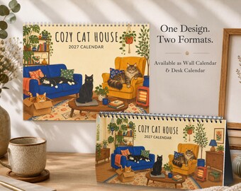 Calendario "Casa Acogedora para Gatos 2027", planificador ilustrado para pared y escritorio, regalo divertido de arte popular para amantes de los gatos.
