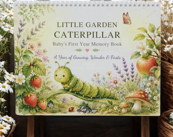 Libro de recuerdos para bebés "La oruga del jardín", diario de recuerdos del primer año, calendario de hitos del bebé, regalo para baby shower, libro para bebés de género neutro