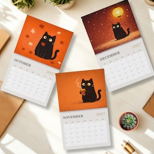 Monthly planner featuring whimsical black cat artwork inspired by Japanese lifestyle, seasonal foods and traditional celebrations.
