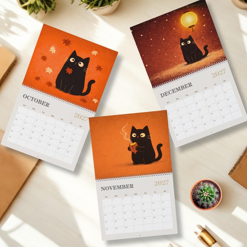 Monthly planner featuring whimsical black cat artwork inspired by Japanese lifestyle, seasonal foods and traditional celebrations.