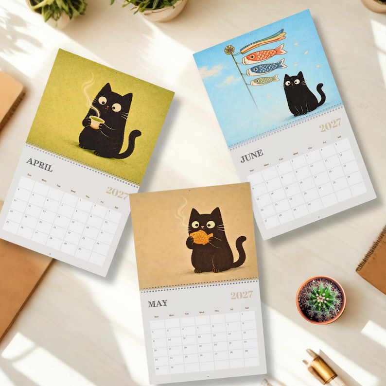 Kawaii cat calendar perfect for home offices, apartments, dorm rooms and creative workspaces that need a touch of feline charm.