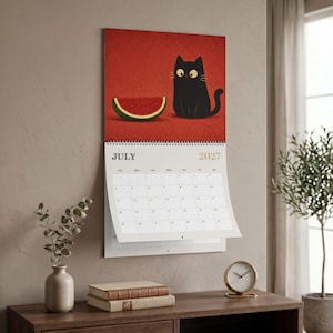 Mid-year calendar July 2026 to June 2027 with adorable cat artwork, ideal for students, teachers and academic year organization.