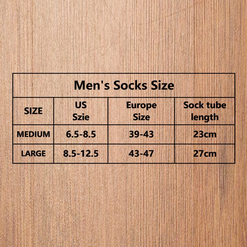 May include: A black grid chart titled Men's Socks Size with columns for Size, US Szie, Europe Size, and Sock tube length. The table lists Medium with US sizes 6.5-8.5, Europe sizes 39-43, and 23cm length, and Large with US 8.5-12.5, Europe 43-47, and 27cm.