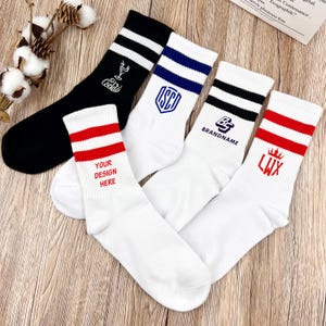 Custom embroidered  with stripes Sport Crew socks，with your name,text,logo personalized  socks，team socks，personalized birthday gift.
