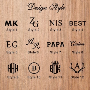 May include: A chart titled Design Style displaying twelve distinct black font and graphic options labeled Style 1 through Style 12. The options include various monogram styles, initials, and text layouts like MK, ZG, N|S, BEST, EG, AR, PAPA, Custom, HHH, B, BUK with a crown, and A with antlers.