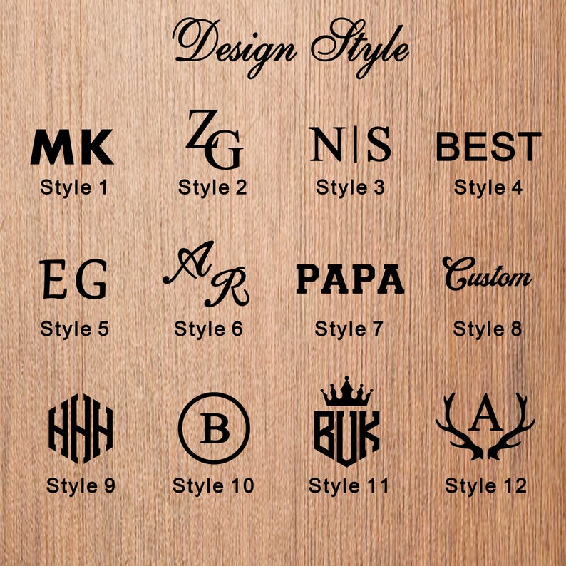 May include: A chart titled Design Style displaying twelve distinct black font and graphic options labeled Style 1 through Style 12. The options include various monogram styles, initials, and text layouts like MK, ZG, N|S, BEST, EG, AR, PAPA, Custom, HHH, B, BUK with a crown, and A with antlers.