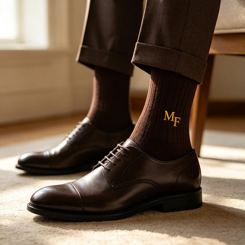 May include: A pair of dark brown leather cap-toe oxford shoes paired with dark brown ribbed socks. The socks feature the embroidered gold-colored letters MF on the outer side. The shoes have a smooth finish, thin laces, and a low heel.