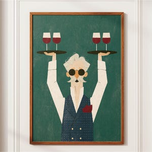 Vintage Waiter Oil Painting Print, Vintage Beverage Poster, Bar Wall Decor, Retro Wine Glass Poster, Funny Kitchen Wall Decor, Cafe Wall Art