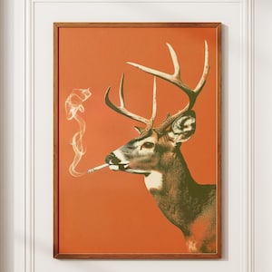 Buck Smoking a Cigarette Vintage Poster Art Funny Whitetail Deer Retro Whimsical Print Cabin Wall Decor Outdoor Sports Hunter Illustration
