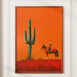Cowgirl Minimalistische Boho Western Illustration, Vintage Southwestern Boho Kunst, Cowboy Wanddruck, Terrakotta Sonnenuntergang, Retro Cowboy Cowgirl Kunst