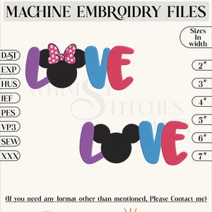 Love Mickey Minnie Head Embroidery Machine Designs Love Heart Instant Digital Download, 6 Sizes