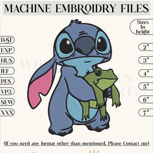 Stitch with Frog Embroidery Design, Stitch Lilo Embroidery Machine File, Cute Baby Stitch Heart Embroidery, 6 Sizes, Instant Download
