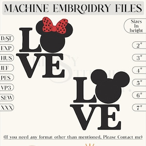 Mickey Minnie Head Love Embroidery Machine Designs Love Heart Instant Digital Download Files