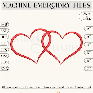 Puede incluir: Archivos de bordado a máquina para dos corazones entrelazados en rojo, disponibles en tamaños de 2 a 7 pulgadas de ancho. Los formatos de archivo incluyen DST, EXP, HUS, JEF, PES, VP3, SEW y XXX.