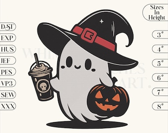 アイスコーヒーを飲むゴーストの刺繍デザイン、ハロウィーンの刺繍デザイン、6サイズ、すぐにダウンロードできます