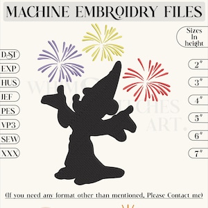 Puede incluir: Diseños de archivos de bordado a máquina de una silueta de un mago con un sombrero puntiagudo y fuegos artificiales en morado, amarillo y rojo. Los formatos de archivo son DST, EXP, HUS, JEF, PES, VP3, SEW y XXX. Los tamaños son de 2 pulgadas, 3 pulgadas, 4 pulgadas, 5 pulgadas, 6 pulgadas y 7 pulgadas.