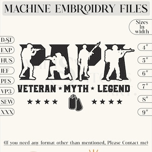 The Veteran The Myth The Legend, Dad Embroidery Pattern, American Veteran Embroidery files, Fathers Day Gift, 6 sizes, Instant Download