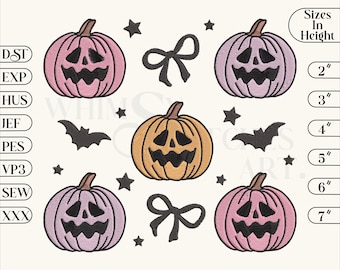 Wzór haftu "Pięć uśmiechniętych dyni": dekoracja na Halloween (pobranie cyfrowe)