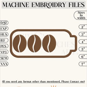Może przedstawiać: Pliki do haftu maszynowego dla ziaren kawy w różnych rozmiarach od 5 do 18 cm szerokości. Pliki są dostępne w formatach DST, EXP, HUS, JEF, PES, VP3, SEW i XXX.