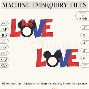 Love Mickey Minnie Head Embroidery Machine Designs Love Heart Instant Digital Download, 6 Sizes