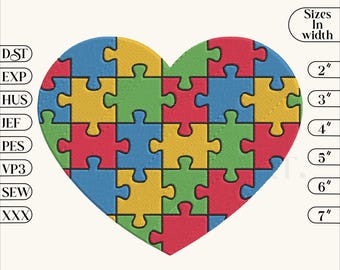 Autism Awareness Jigsaw - Design for Embroidery Machine Instant Download digital file stitch, 6 Sizes