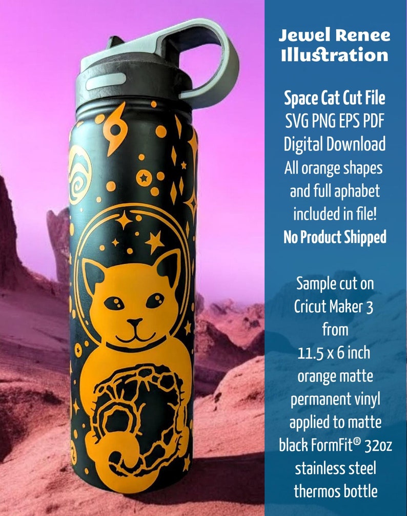 Vector art cut file design of Cat in bubble space helmet hugging astronaut surrounded by galaxy of stars shown on black metal bottle cut from orange vinyl. Listing is for Space Cat Cut File, Immediate download