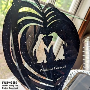Archivo de diseño de Wind Spinner: Pareja de pingüinos Heart Spinner Lazer Cut File - SVG EPS PNG