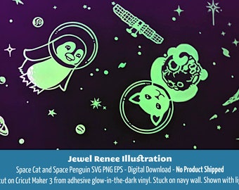 Space Animal Svg: Cat and Penguin Astronauts Vector Space Scene