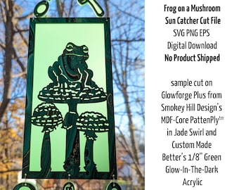 Sun Catcher Cut Designs: Frog on a Mushroom Ornament SVG Cutting File Download with Mushroom and Dragonfly Charms