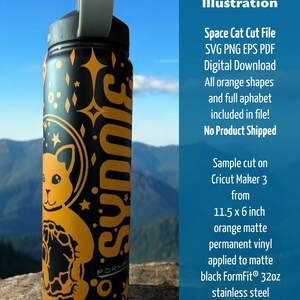 Photo of side of black metal water bottle with half of the space cat showing next to  the name "Sydnie" in the font "speedball" surrounded by galaxy of stars. Listing is for Space Cat Cut File, Immediate download