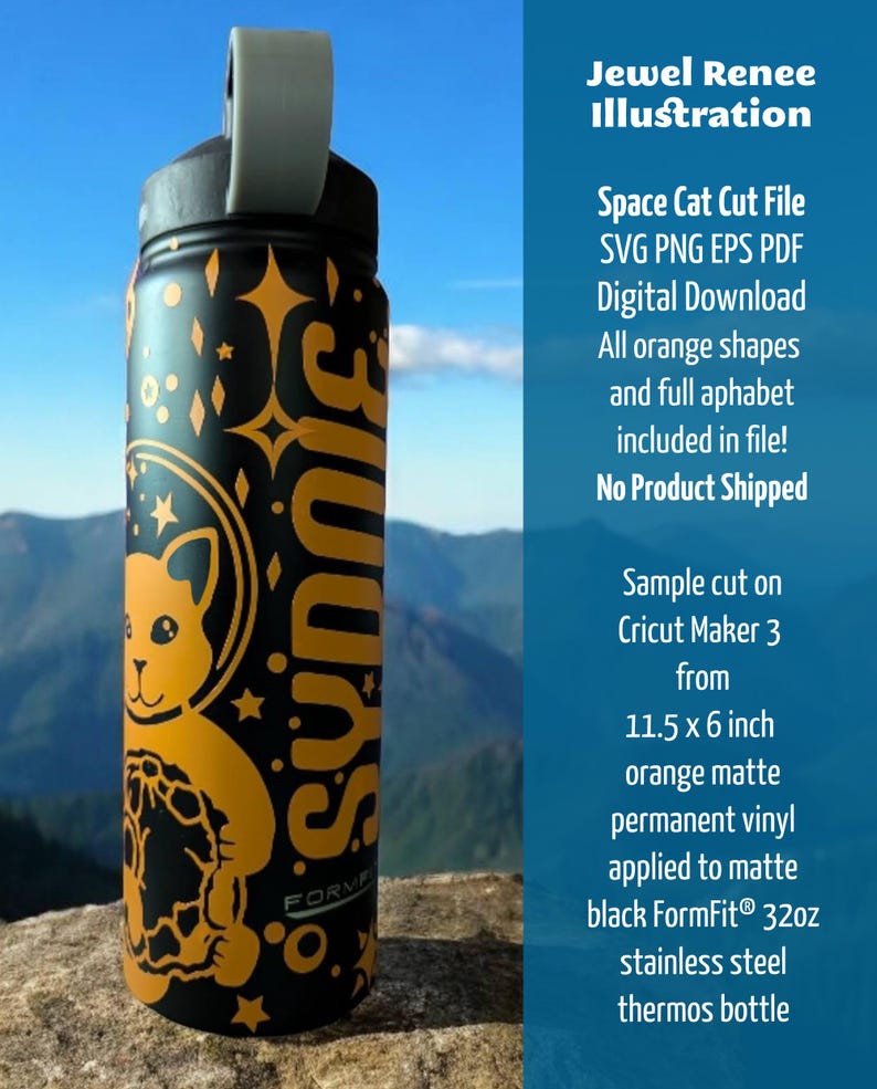 Photo of side of black metal water bottle with half of the space cat showing next to  the name "Sydnie" in the font "speedball" surrounded by galaxy of stars. Listing is for Space Cat Cut File, Immediate download